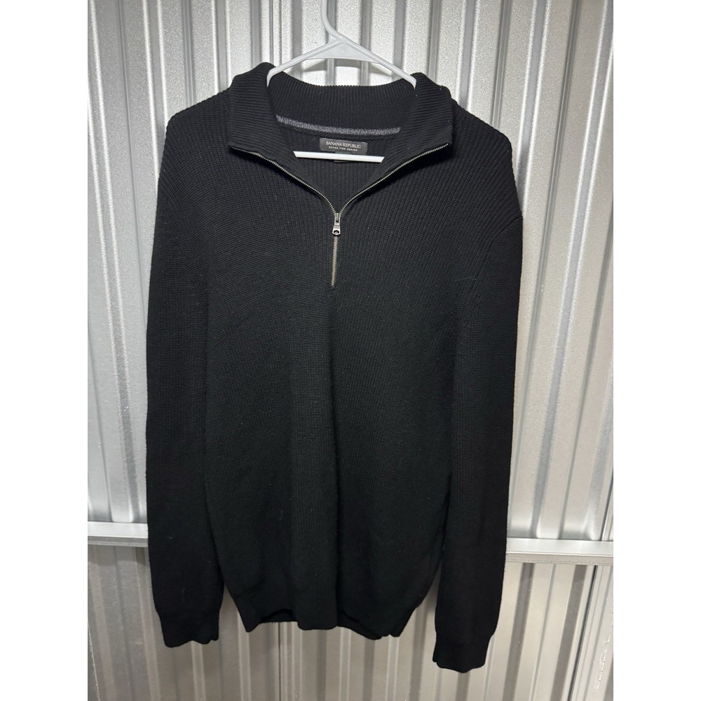 Banana Republic Mens MED Black Sweater 1/4 Zip 100% Merino Wool Extra Fine VTG